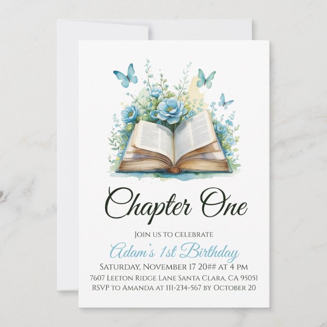 Floral Blue Book Boy Chapter One 1st Birthday Invitation (Front)