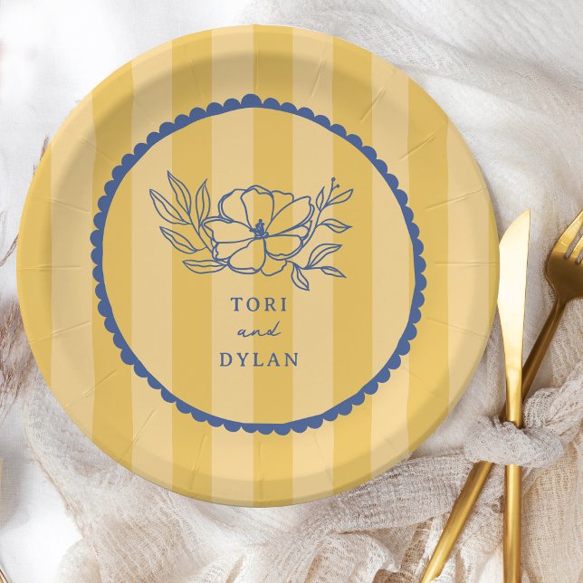 Floral Blue Botanical Yellow Stripe Wedding Paper Plate (Creator Uploaded)