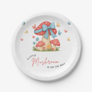 Floral Blue Bow A Little Mushroom Baby Shower Paper Plate