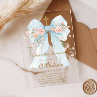 Floral Blue Bow First Holy Communion Girl Acrylic Invitations