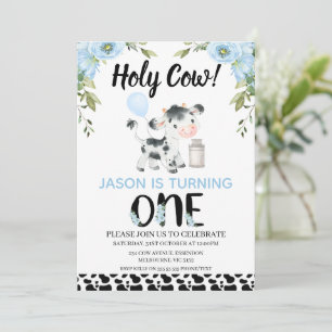 Floral Blue Boys Cow Print Holy Cow 1st Birthday Invitation