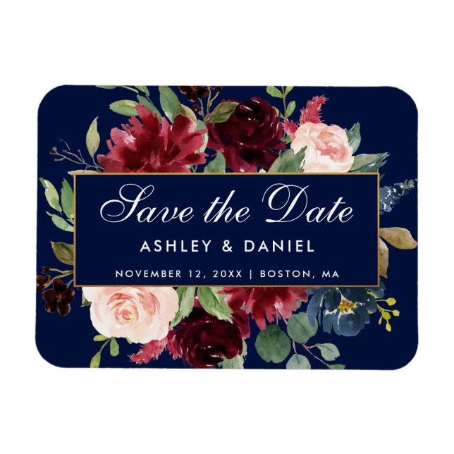 Floral Blue Burgundy Gold Save The Date Magnet (Horizontal)