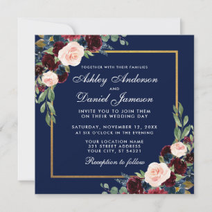 Floral Blue Burgundy Gold Wedding Invite Card