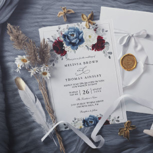 Floral Blue Burgundy White Ivory QR Code Wedding Invitation