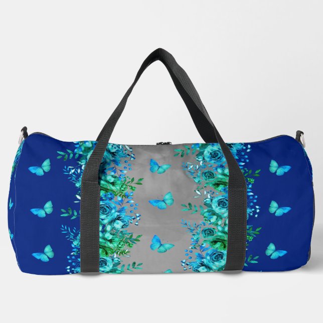 Floral Blue Butterfly Duffel Bag (Front)