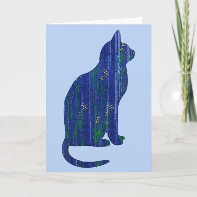 Floral Blue Cat on Blue Art Note Card (Front)