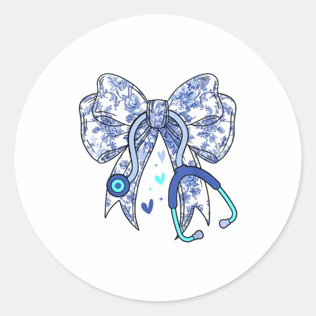 Floral Blue Coquette Bow Nurse Stethoscope Medical Classic Round Sticker (Front)