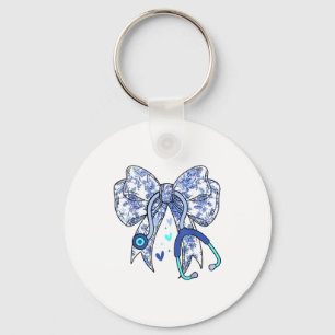 Floral Blue Coquette Bow Nurse Stethoscope Medical Key Ring