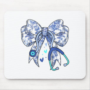 Floral Blue Coquette Bow Nurse Stethoscope Medical Mouse Mat