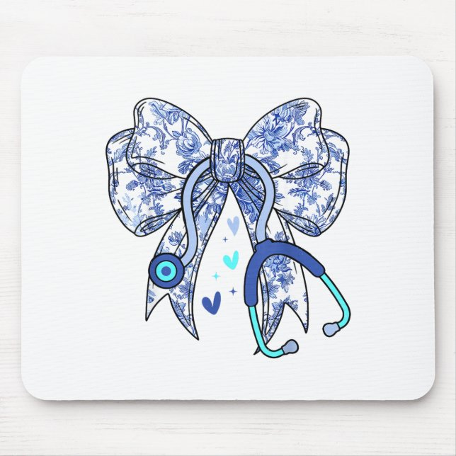 Floral Blue Coquette Bow Nurse Stethoscope Medical Mouse Mat (Front)