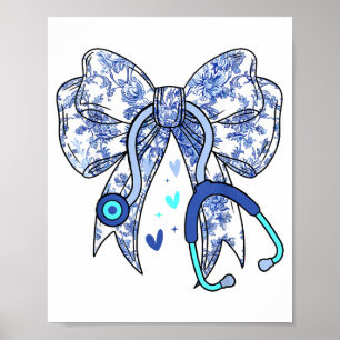 Floral Blue Coquette Bow Nurse Stethoscope Medical Poster