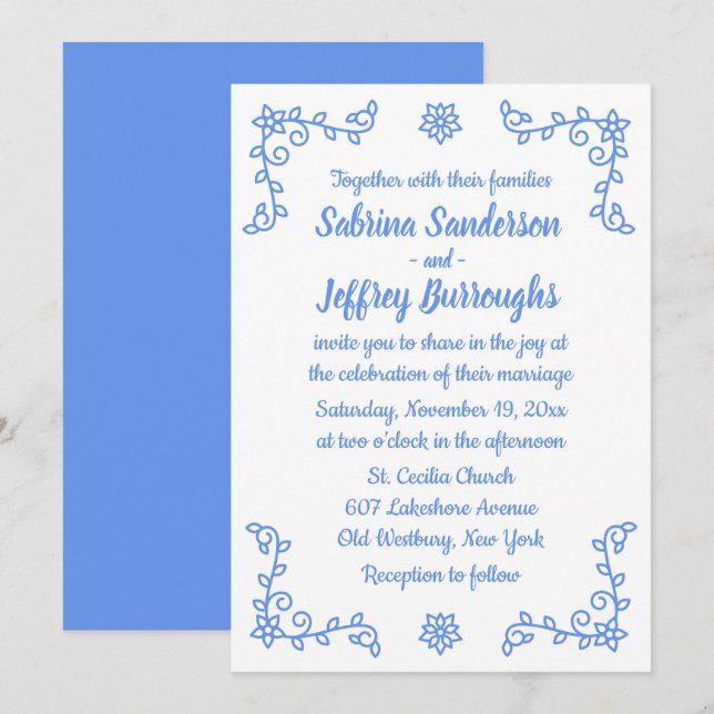 Floral Blue Cornflower Flowers Laurel Leaf Wedding Invitation (Front/Back)