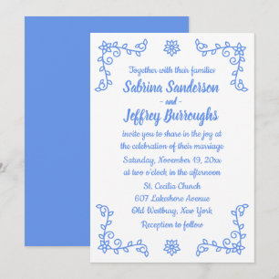 Floral Blue Cornflower Flowers Laurel Leaf Wedding Invitation