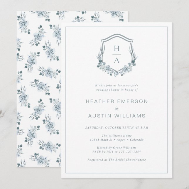 Floral Blue Couple Wedding Shower Invitation (Front/Back)