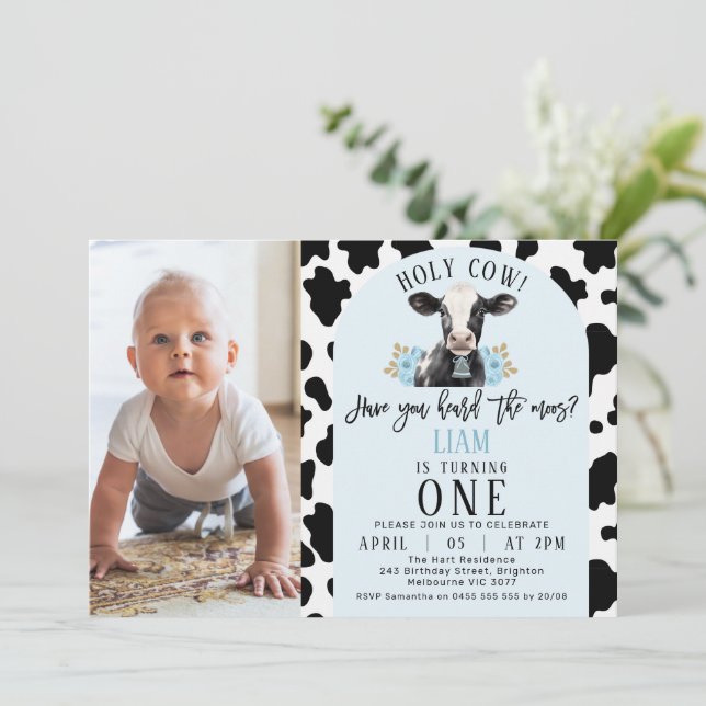 Floral Blue Cow Print Photo Holy Cow 1st Birthday Invitation (Standing Front)
