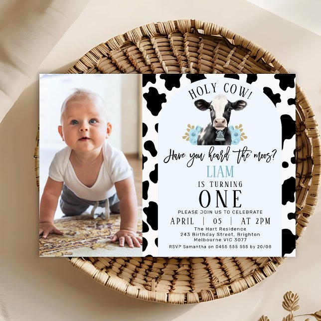 Floral Blue Cow Print Photo Holy Cow 1st Birthday Invitation (Boy's Holy Cow 1st Birthday Invitation Template, Photo Cow Themed Birthday Invitation, Cow Print)