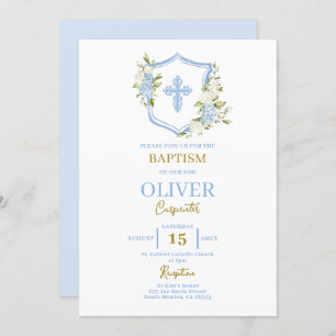 Floral Blue Crest Baptism Invitation