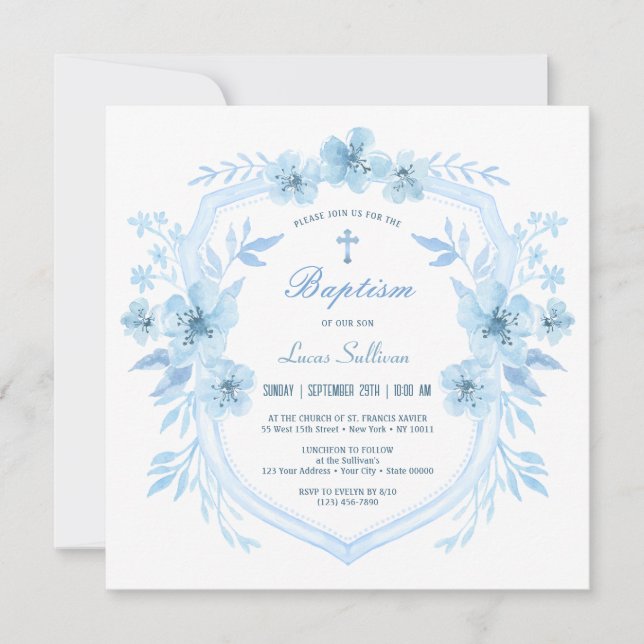 Floral Blue Crest Baptism Invitation (Front)