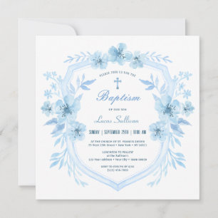 Floral Blue Crest Baptism Invitation