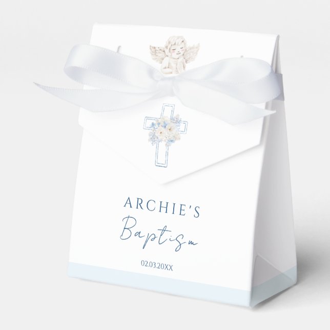 Floral Blue Cross Angel Baptism Favour Box (Front Side)