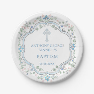 Floral Blue Cross Baptism Paper Plate