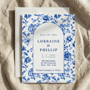 Floral blue delftware style arch vintage style save the date
