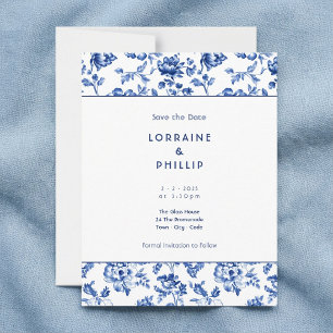 Floral blue delftware vintage style save the date