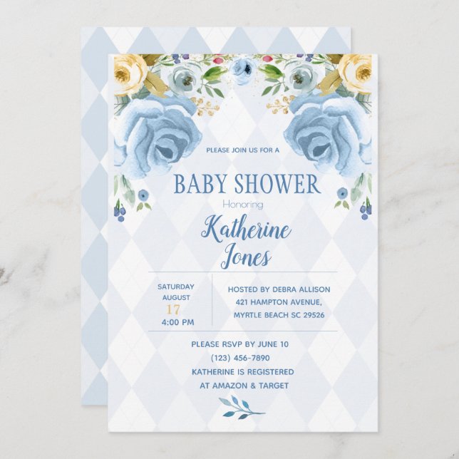  Floral Blue Diamond Baby Boy Shower Invitation (Front/Back)