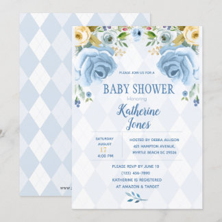 Floral Blue Diamond Baby Boy Shower Invitation