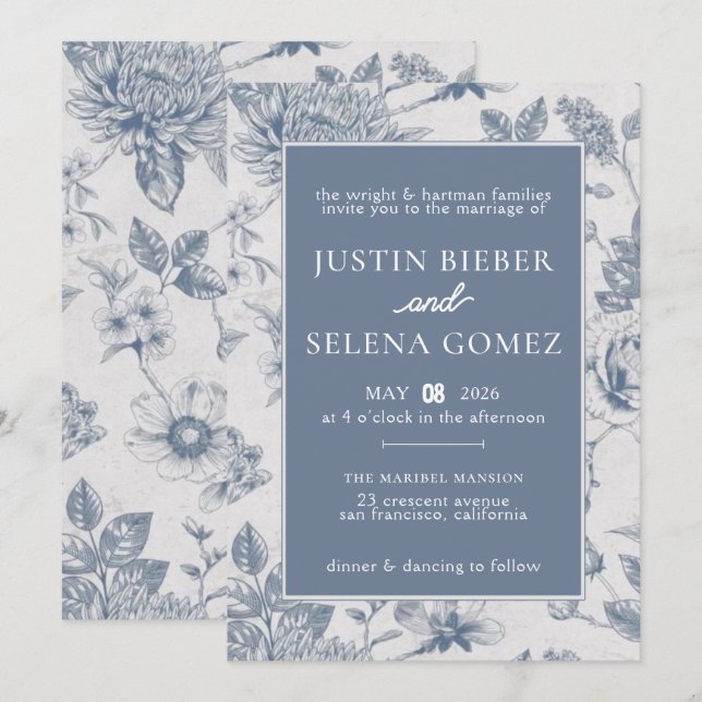 Floral Blue Elegant Wedding Invitation (Front/Back)