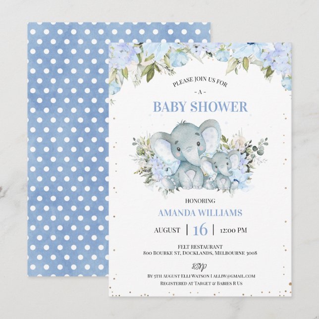 Floral Blue Elephant and Calf Boys Baby Shower Invitation (Front/Back)