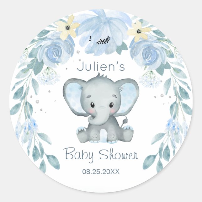 Floral Blue Elephant Baby Shower  Classic Round Sticker (Front)
