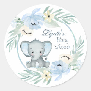 Floral blue Elephant Baby Shower Classic Round Sticker