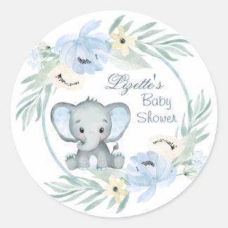 Floral blue Elephant Baby Shower Classic Round Sticker