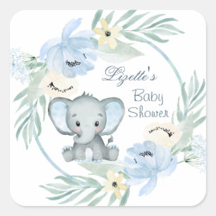 Floral blue Elephant Baby Shower  Square Sticker