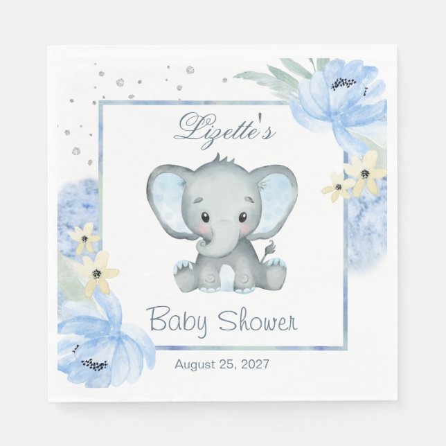 Floral Blue ElephantBaby Shower Paper Napkin (Front)