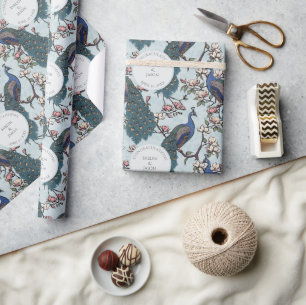 Floral Blue Engagement Peacock Wrapping Paper