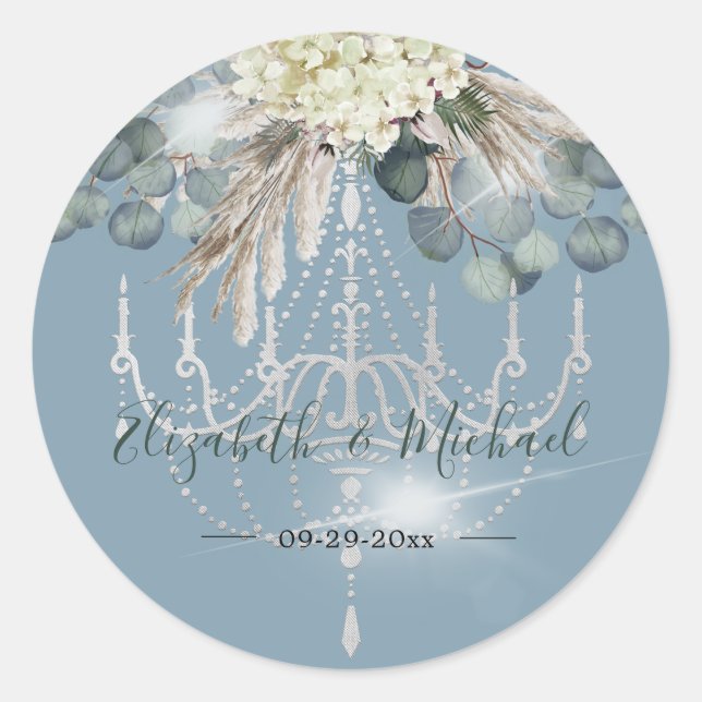 Floral Blue Eucalyptus Chandelier Elegant Wedding Classic Round Sticker (Front)