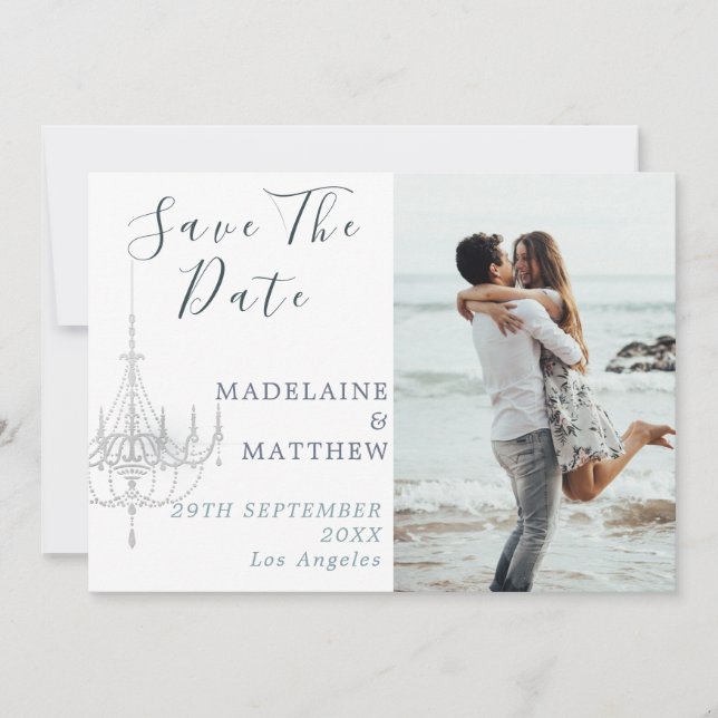 Floral Blue Eucalyptus Chandelier Elegant Wedding Save The Date (Front)