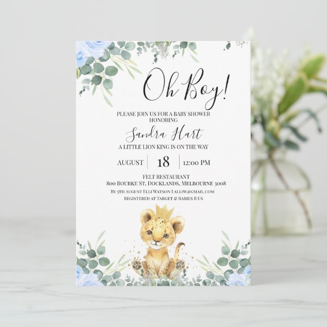 Floral Blue Eucalyptus Lion King Baby Shower Invitation (Standing Front)