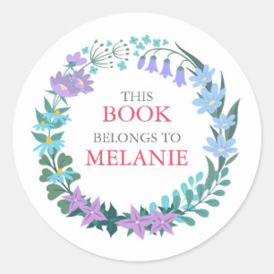Floral Blue Flower Wreath Bookplate Sticker