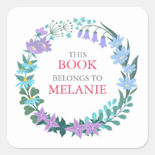 Floral Blue Flower Wreath Bookplate Sticker