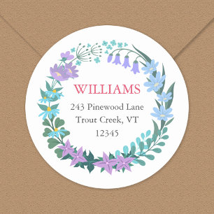 Floral Blue Flower Wreath Return Address  Classic Round Sticker