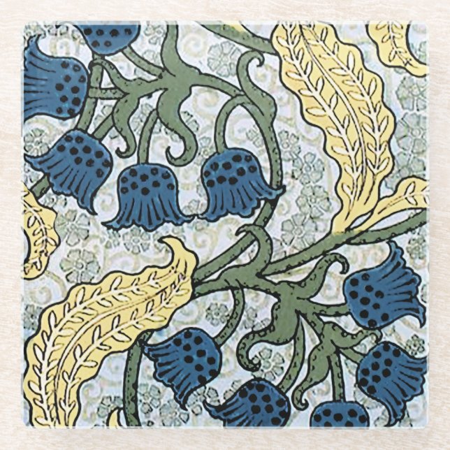 Floral Blue Flowers Lily Valley Repeating Glass Coaster (Front)