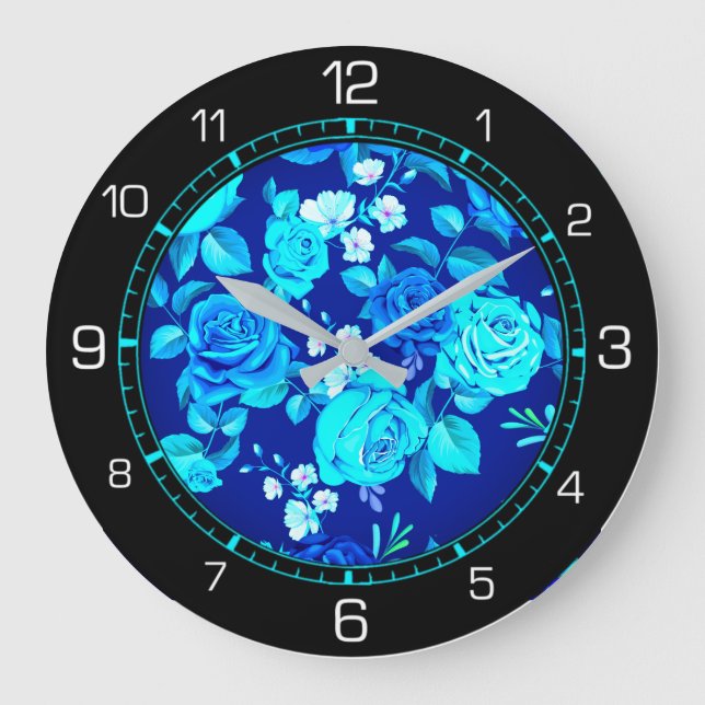 Floral Blue Flowers Pattern Large Clock (Front)
