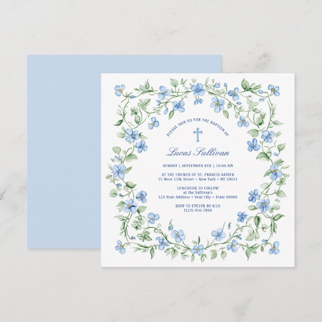 Floral Blue Frame Baptism Invitation (Front/Back)