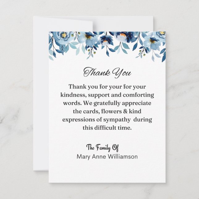 Floral Blue Funeral Thank You Card (Front)