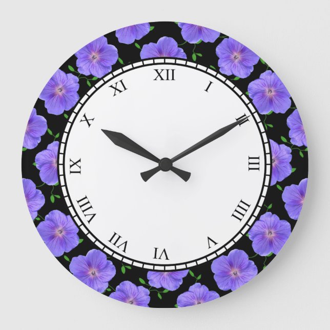 Floral Blue Garden Flowers Roman Digits Large Clock (Front)