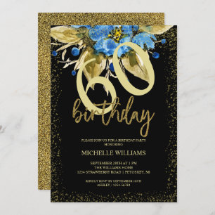 Floral Blue Glitter Gold Calligraphy Birthday Invitation