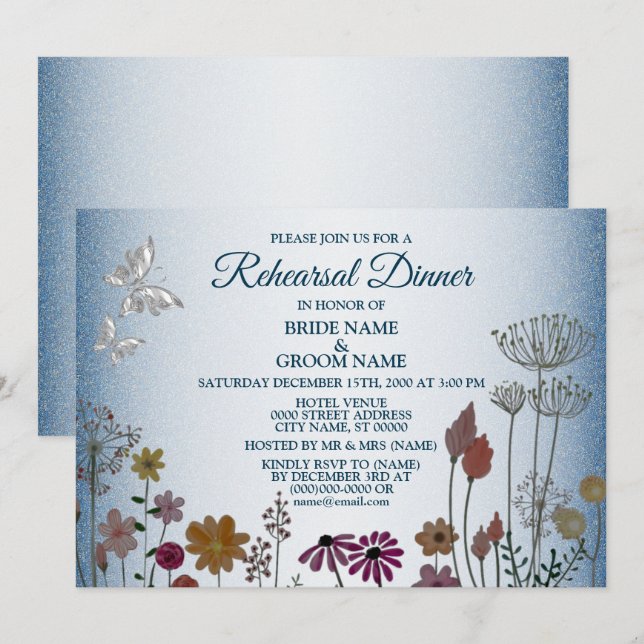 Floral Blue Glitter Wedding Rehearsal Dinner Party Invitation (Front/Back)